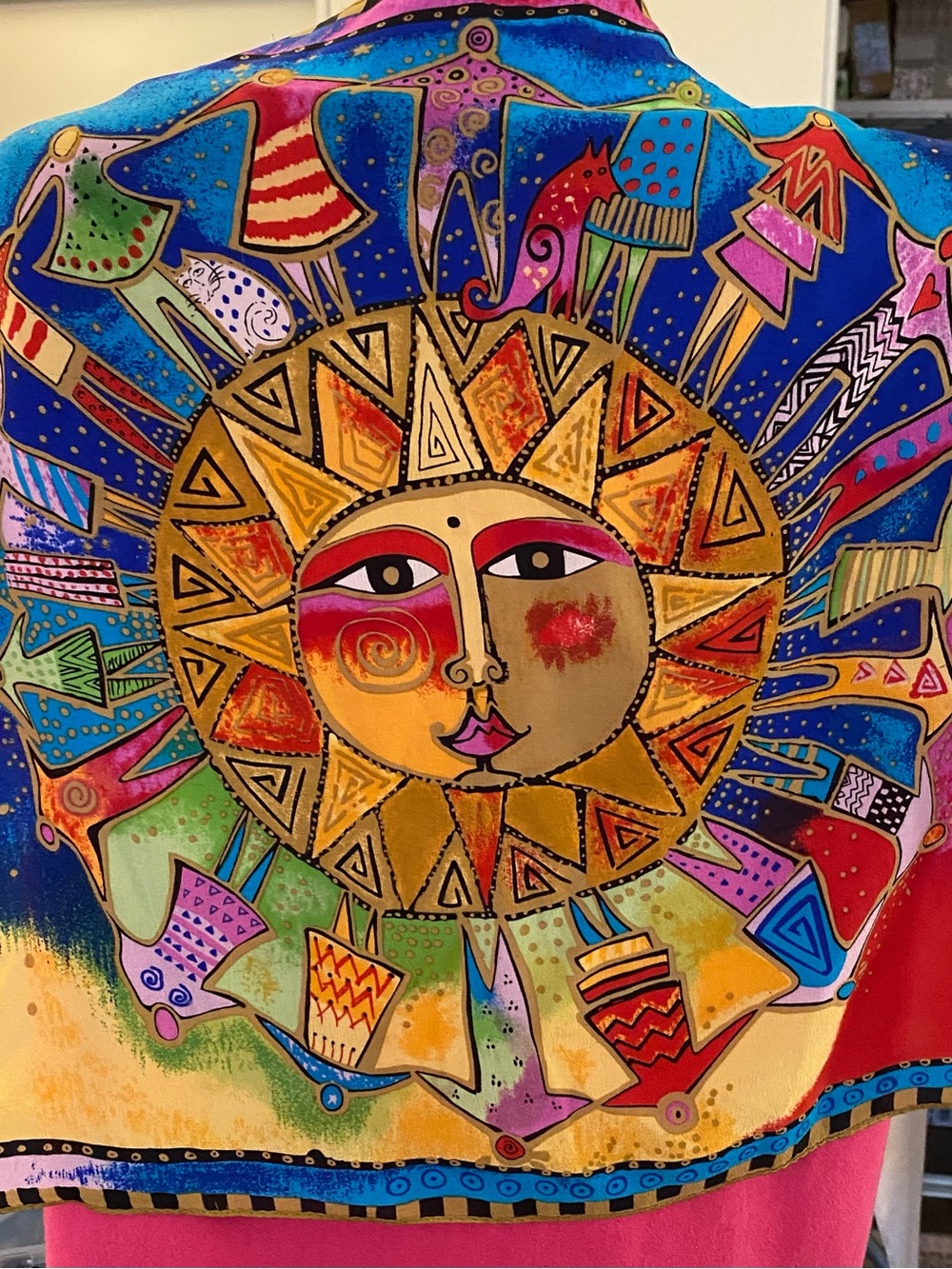Laurel Burch silk scarf 19 x 19". World Community theme. Ex cond